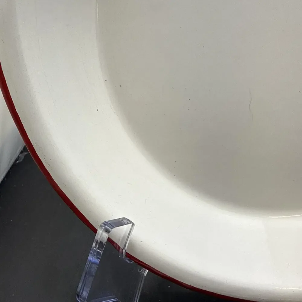 Vintage White Red Rim Enamelware Dinner Plate Farmhouse Camp Rustic 9.25 Inches